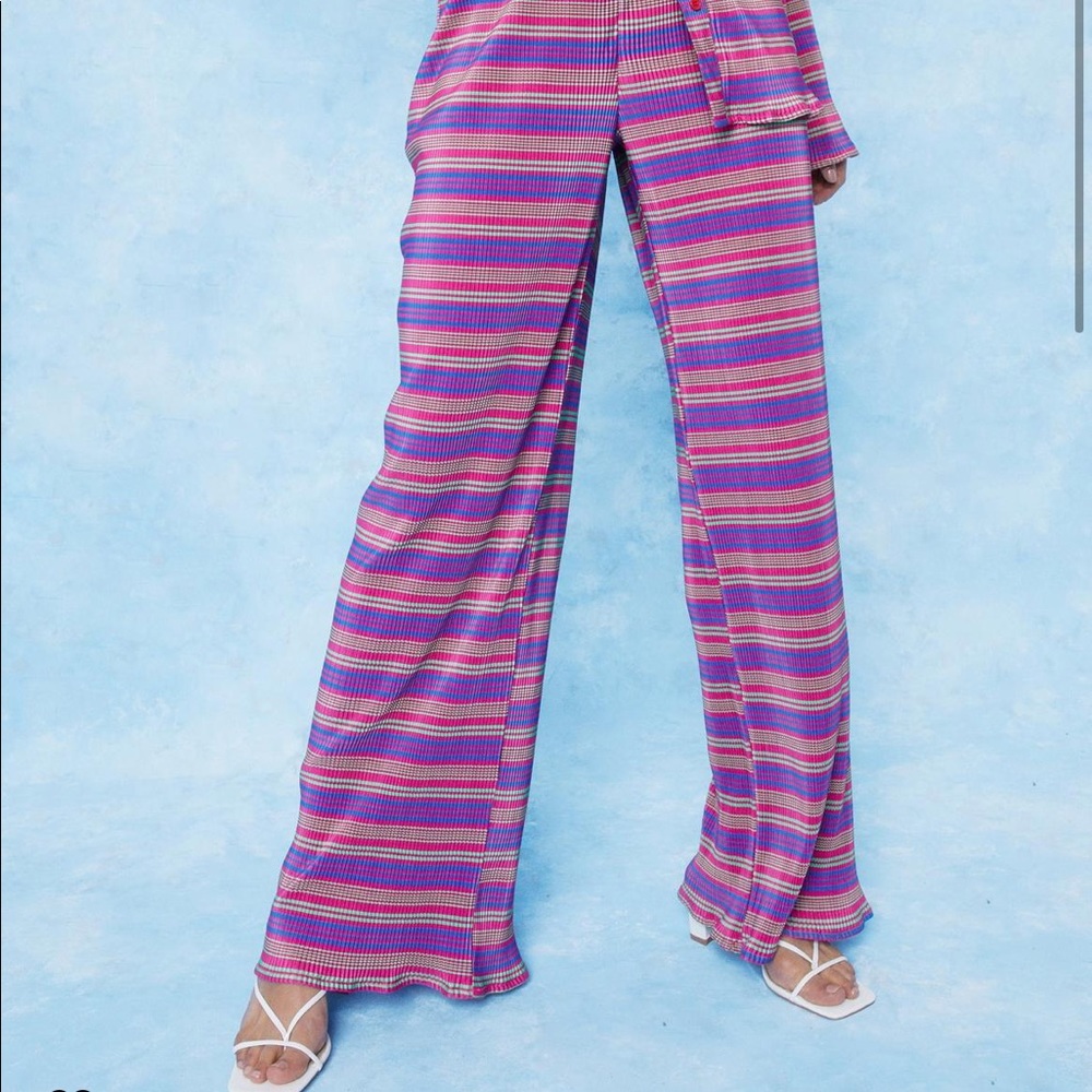 Striped Plisse High Wasted Bias Cut Pants